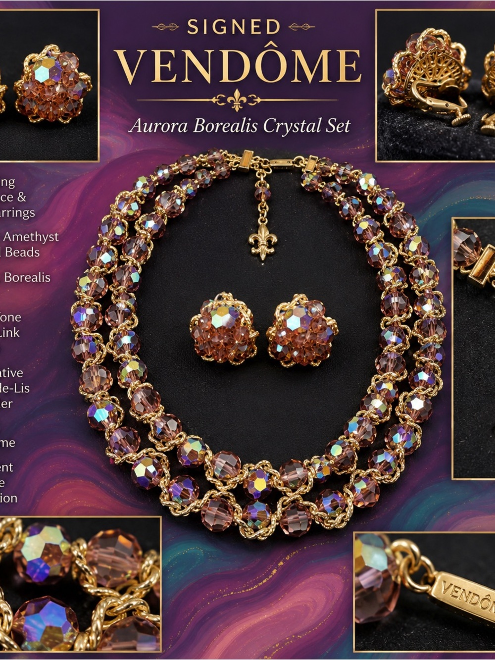 Vintage Vendome AB Crystal Necklace & Earring Set -